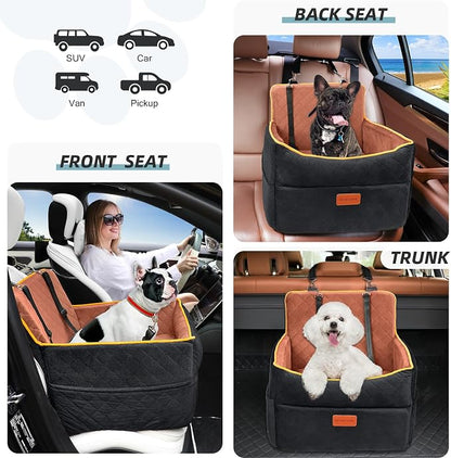 HEGGCOOE Small Dog Car Seat, Memory Foam Dog Booster Seats with Thick Cushion for Medium Dogs Under 35lbs, Detachable Washable Pet Car Seat Travel Bed with Storage Pockets,2 Safety Belts
