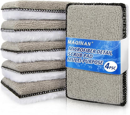 MAQIHAN Microfiber Pad - 4PCS Microfiber Pads Detailing Sponge Two Sides of Fiber Cloth and Nylon Bristle Brush Car Interior Detailing Kit for Leather Sofa Shoes and Bags Car Wash Kit