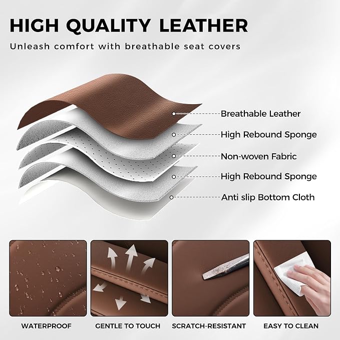 otoez Car Seat Covers Full Set, 5 Seats Waterproof Universal Leather Seat Cover for Cars, Front Rear Automotive Interior Protectors Full Coverage for Most Cars Sedens Trucks SUVs, Brown