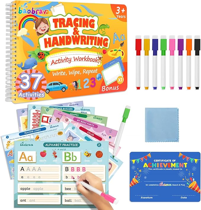 Baobrava Preschool Learning Activities, 37 Themes Tracing Activity Books Ages 3-8, Toddler Handwriting Practice, Letter Tracing, Kindergarten Workbooks, Travel Game for Trip, Christmas Birthday Gifts