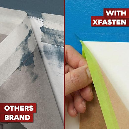 XFasten Pre Taped Masking Paper for Painting 12 Inches x 50 Feet Single Roll Thick Painters Paper with Tape for Cars, Walls, Auto Body — Thick Kraft, Clean Removal Painters Drape with Tape