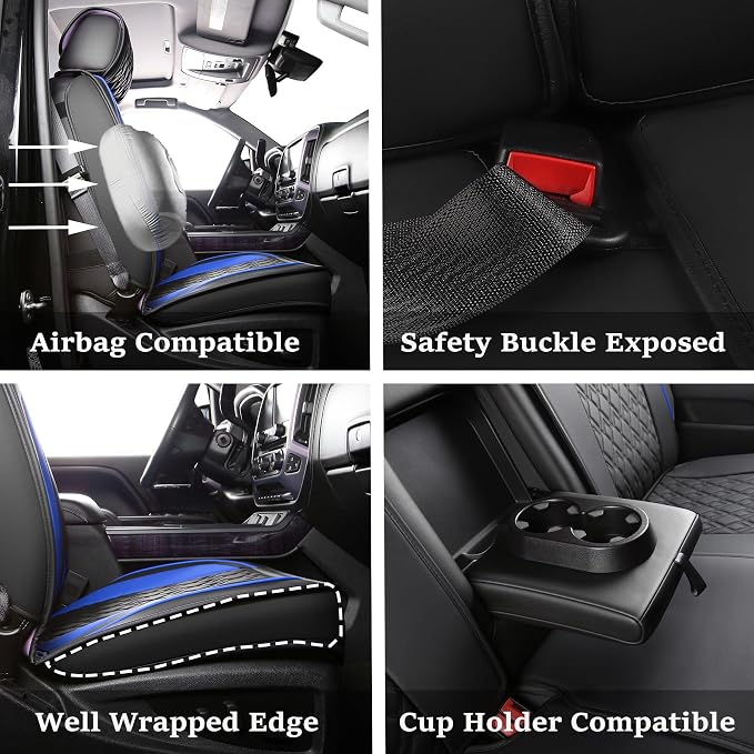JOJOBAY Chevy Silverado Seat Covers,Leather Seat Covers for GMC Sierra,Custom Fit 2007-2026 1500 2500HD 3500HD Crew Double Extended Regular Cab,LT LZT RST(Full Set,Black Blue)
