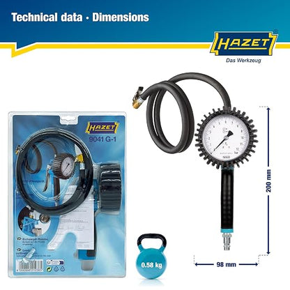 HAZET Tire Pressure Gauge 9041G-1 I Calibrated, Readable, Pressure Gauge Measuring Range: 0-145 Psi, Hose Length: 100cm/39.37 Inches, Pressure Gauge Diameter: 3.15 Inches I Tire Pressure Gauge