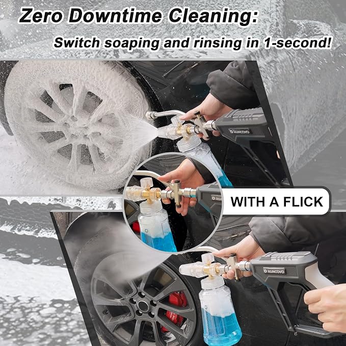 Raincovo Foam Cannon for Pressure Washer, Snow Clear Foam Cannon Dual Connector Accessories, Power Washer Soap Attachment for Car Wash, Stainless Steel Filter, 5 Nozzle Tips with Holder