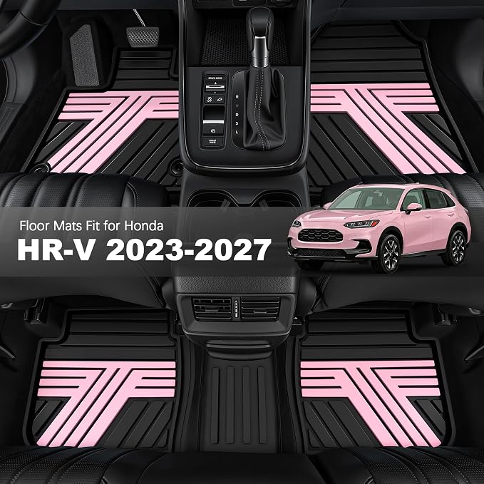 Floor Mats Fit for 2023-2027 Honda HRV Sport/LX/EX-L (Gasoline & Hybrid) & for Acura ADX 2025-2026, Custom Fit All Weather Protection Heavy Duty Anti-Slip Car Mats for HR-V, 1st & 2nd Row Black & Pink