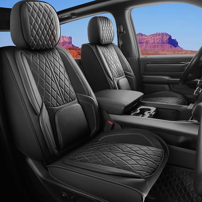 Custom Fit Chevy Silverado GMC Sierra 1500 2007-2026 2500/3500 HD Crew Cab Full Set Car Seat Covers - 5 Pack, Premium Faux Leather Truck Seat Protector with Airbag Compatible Design, Black