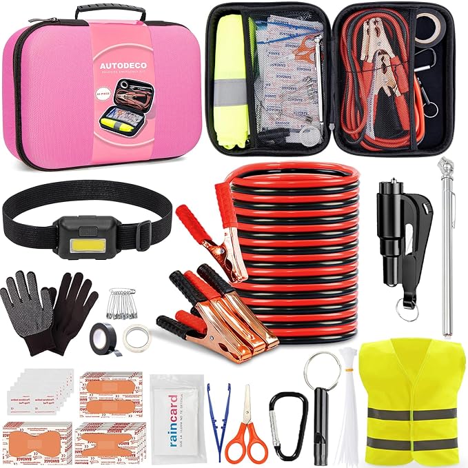 Car Roadside Emergency Kit, Car Safety Kit for Men Portable Car Kits for Emergency, Pink