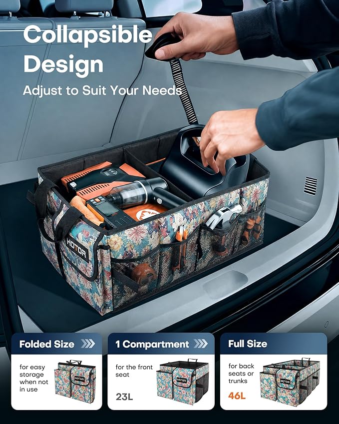 HOTOR Trunk Organizer- Car Organizer, Foldable Trunk organizer for SUVs & Sedans, Sturdy Car Organization for Car Accessories, Tools, Sundries, Blue Flower, 2 Compartments, 21.3"×12.6"×10.6"