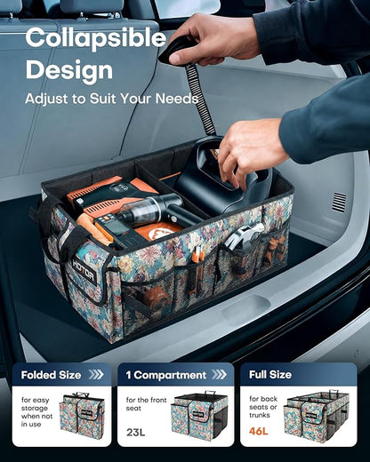 HOTOR Trunk Organizer- Car Organizer, Foldable Trunk organizer for SUVs & Sedans, Sturdy Car Organization for Car Accessories, Tools, Sundries, Blue Flower, 2 Compartments, 21.3"×12.6"×10.6"