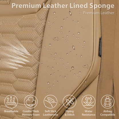 CAR PASS 3D Foam PU Leather Car Seat Covers Full Set,Tan Breathable Faux Leather Seat Covers for Car,Anti Slip Universal Fit for SUVs Vans Sedan Truck Automotive,Armrest Airbag Compatible All Beige