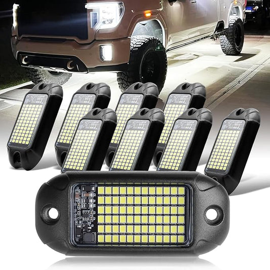 Nicoko 8 Pods 6000K pure White Rock lights Aluminum 9-30V Underglow Lights IP68 Waterproof Neon Trail Rig Lamp Lighting for SUV Car Truck Motorcycle Boat ATV UTV