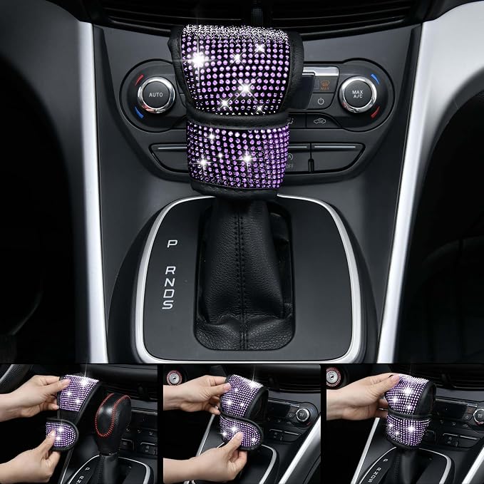 CAR PASS 11PCS Bling Purple Car Steering Wheel Cover Set for Women, Sparkly Rhinestone Diamond Bling Seat Belt Cushion, Glitter Shift Knob Cover, Car Cup Holder Coaster, Interior Sets Violet 14.5"-15"