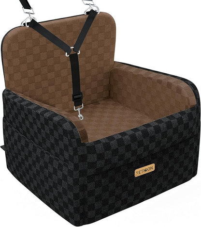 PETICON Waterproof Dog Car Seat for Small Medium Dogs, 5in Memory Foam Pet Booster Seat for Dogs up to 35 lbs with Pockets, Detachable Washable Pet Carseat with Y-Shape Safety Belt (Brown, Medium)