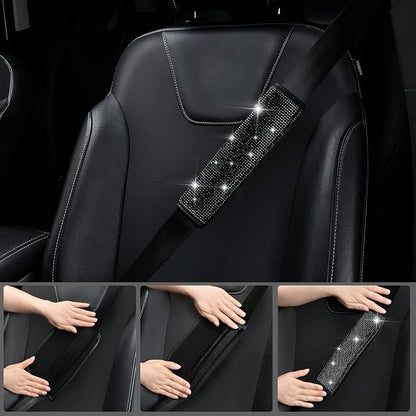 CAR PASS 11 PCS Bling Diamond Car Accessories for Women, Sparkly Rhinestone Steering Wheel Cover, Bling Seat Belt Cushion, Glitter Shift Knob Cover, Car Cup Holder Coaster, Cute Interior Sets Black