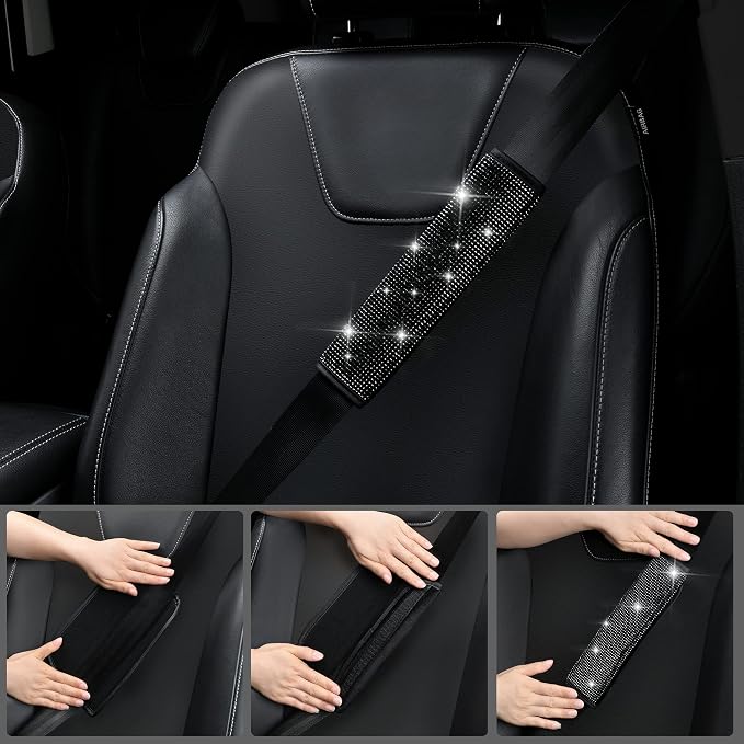 CAR PASS 23 PCS Bling Diamond Car Accessories Set for Women, Leather Seat Covers Full Set Floor Mats Steering Wheel Cover, Coasters Seat Belt Covers Phone Holder Universal Fit Car SUV Truck Van Black