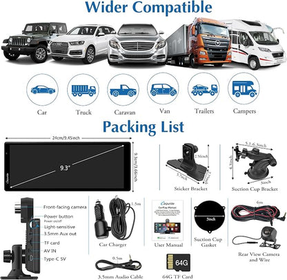 Carpuride W903 Wireless Carplay & Android Auto with Dash Cam - 9.3" HD IPS Touch Car Play Screen for Car, 4K Front & 1080P Rear Camera, Loop Recording, Bluetooth Audio, Mirror Link, GPS