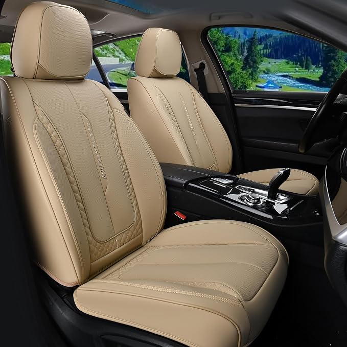 Coverado Car Seat Cover Front Seat, Beige Seat Covers Front Seats, Nappa Leather Waterproof, Car Seat Cushion, Car Seat Protector Universal Fit Most Cars