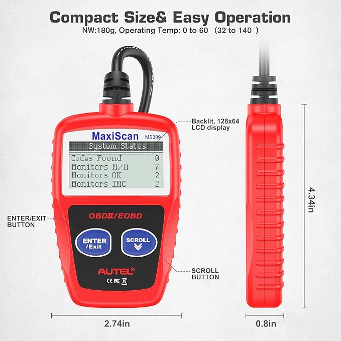Autel OBD2 Scanner MS309 Universal OBD II Scanner Car Engine Fault Code Reader CAN Diagnostic Scan Tool, Read and Clear Error Codes for 1996 or Newer OBD2 Protocol Vehicle