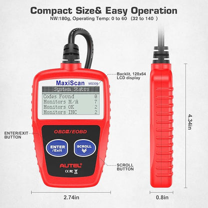 Autel OBD2 Scanner MS309 Universal OBD II Scanner Car Engine Fault Code Reader CAN Diagnostic Scan Tool, Read and Clear Error Codes for 1996 or Newer OBD2 Protocol Vehicle