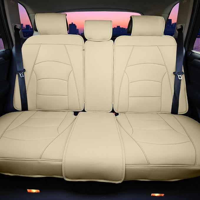 FH Group Ultra Comfort Highest Grade Faux Leather Full Set Cushion Pads Car Seat Covers for Front and Rear- Fit Most Car, Truck, SUV, or Van (Solid Beige)
