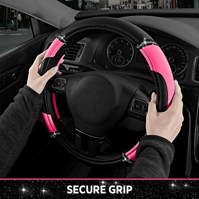 Road Comforts Leather Steering Wheel Cover - Made with PVC Leather - Anti-Slip, Universal Fit 14 1/2 inches to 15 inches - Hot Pink