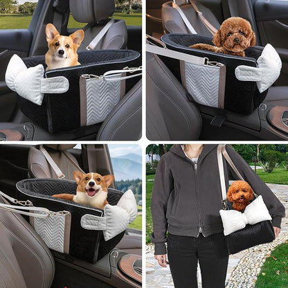 Dog Car Seat for Small Dogs Adjustable Portable Center Console Dog Car Seat Removable Cat Booster Cars Seats - Safety Belt with Cushion Anti-Collapse for Puppy Kitten Up to 15 Lbs (Black)