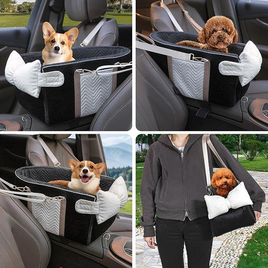 Dog Car Seat for Small Dogs Adjustable Portable Center Console Dog Car Seat Removable Cat Booster Cars Seats - Safety Belt with Cushion Anti-Collapse for Puppy Kitten Up to 15 Lbs (Black)