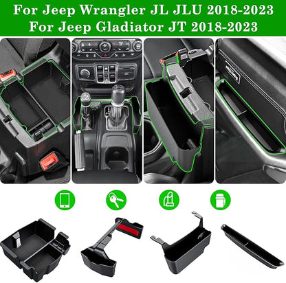 Eamplest 4PCS Center Console Organizer for 2018-2022 2023 Jeep Wrangler JL JLU and Gladiator JT Accessories Gear Shift Side Tray Organizer,Hanging Armrest Storage Box (Not for JK/JKU)