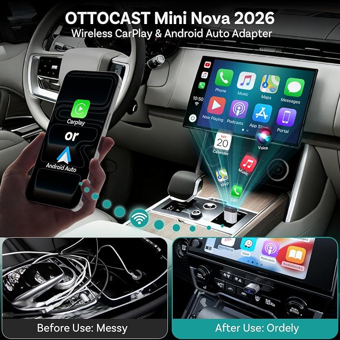 OTTOCAST Mini Nova 2-in-1 Wireless CarPlay & Android Auto Adapter, Plug & Play Convert Wired to Wireless, Fast Auto Connect, Mini USB Design, Compatible with iOS 10+ & Android 11+