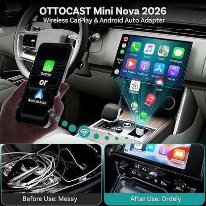 OTTOCAST Mini Nova Wireless CarPlay & Android Auto Adapter, 2-in-1 Convert Wired to Wireless, Plug & Play, Fast Auto Reconnect, Compact Mini Design for iPhone iOS 10+ & Android 11+