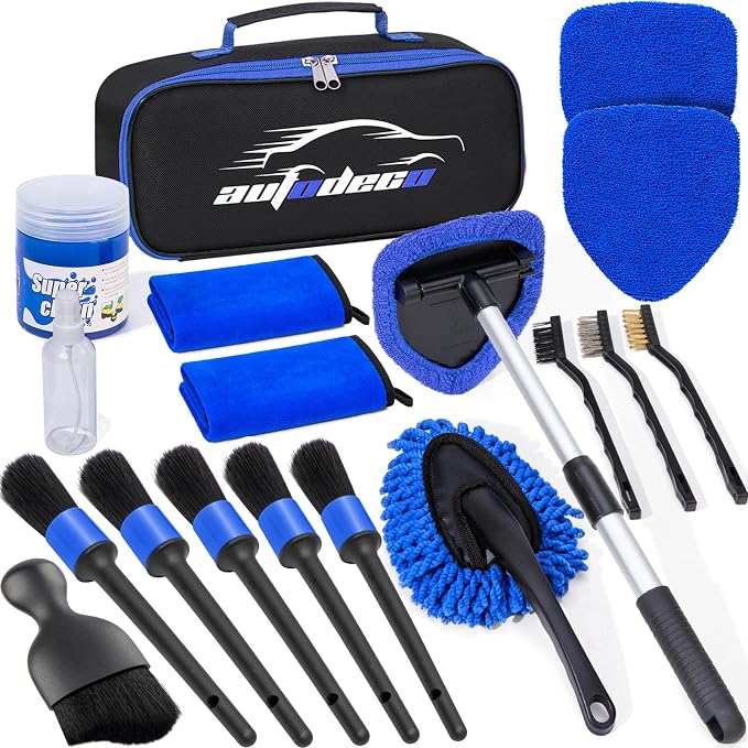 Windshield Cleaner Tool, 17Pcs Car Interior Detailing Kit, Detailing Brush, Towels, Duster, Car Cleaning Kit Interior for RVs, Truck, Trailer (Blue)