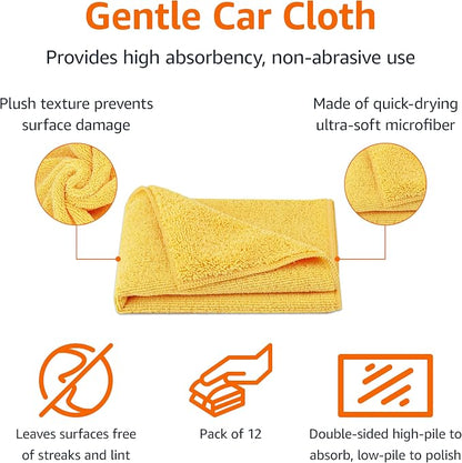 Amazon Basics Microfiber Car Drying Towels, Highly Absorbent, Lint Free, Scratch Free, Ultra-Soft, Car Detailing, Buffing and Polishing, 16" x 16", Yellow, 12-Pack