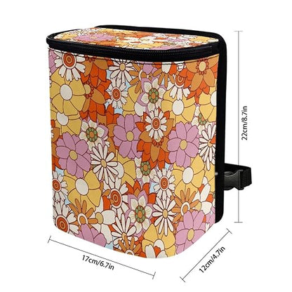 Vintage Hippie Floral Print Car Trash Can with Lid Car Accessories for Men Women Trash Bin Hanging Back of Seat Collapsible Leak Proof Multipurpose Vehicle Garbage Can