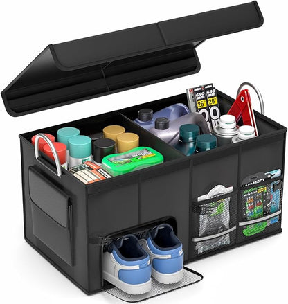 Car Trunk Organizer for SUV 50L Car Caddy Golf Trunk Organizer with Lid Collapsible Truck Storage Bin Large Compartment Car Grocery Organizer with 4 Pockets Handle Shoe Organizer Cargo Van Jeep Sedan