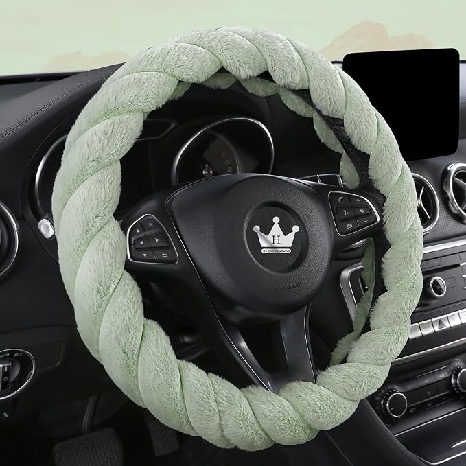HighnessHwoo Luxury Fluffy Winter Car Steering Wheel Cover for Women Soft Warm Cute Auto Accessories for Jeep, Truck, Van, F150, Universal, Fuzzy, Anti Slip, Green, Large Size, 15.2-16in