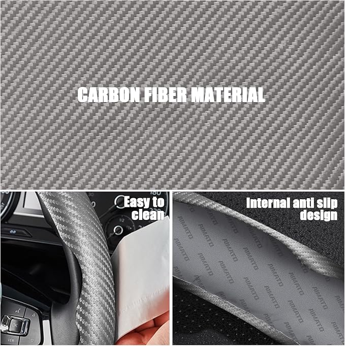 3 Piece Carbon Fiber Steering Wheel Cover,Car Steering Wheel Protector with Non-Slip Lining,Breathable Microfiber Universal for 14.5-15 inch,Gray