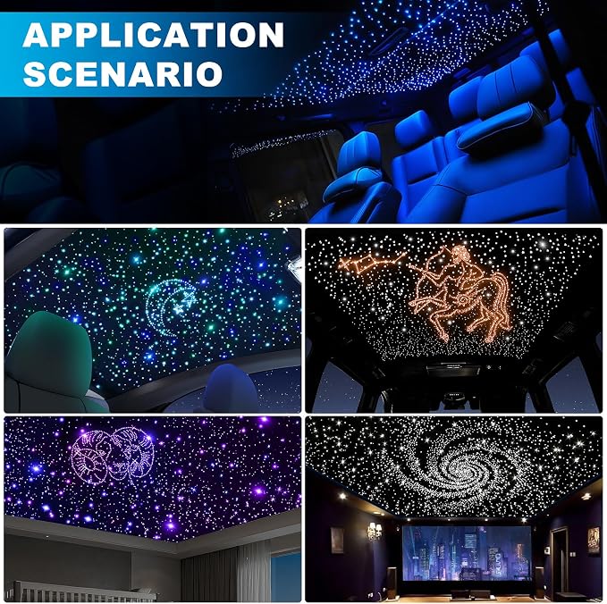 4 Colors 32W Twinkle Car Starlight Headliner Kit 700pcs*0.03in*13.1ft with APP&RF Remote, RGBW Fiber Optic Ceiling Star Lights, 4 Port Engine Sound Activated Star Roof Lights for Car Home Theater