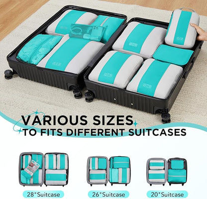 OlarHike 10-Pack Compression Packing Cubes for Travel Essentials,Compressible Expandable Packing Cubes for Suitcase,Luggage Garment Bags for Travel,Handy Helper for Organizing Clothes(Blue Green)