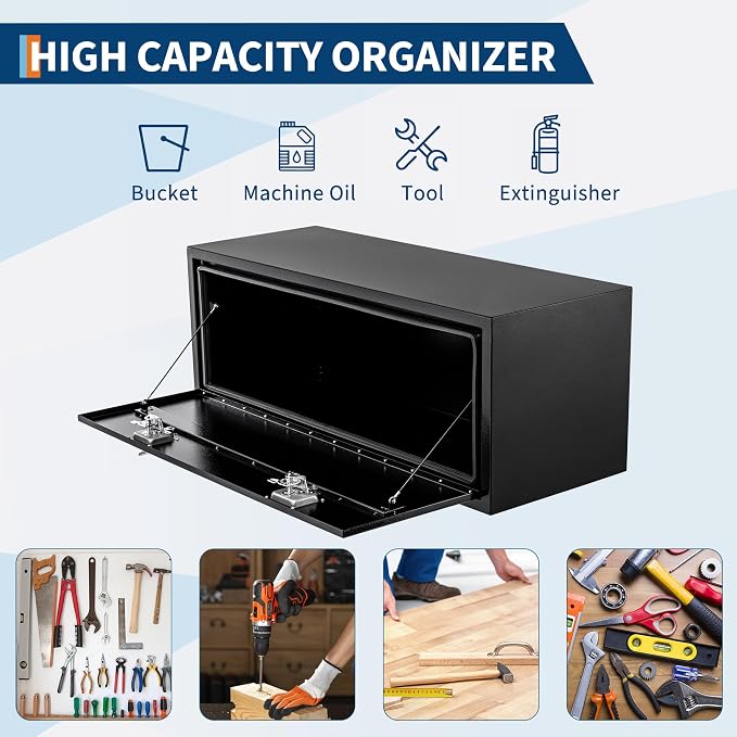Black Steel Underbody Truck Box, 48"×18"×18" Pickup Storage Box, Heavy Duty Diamond Plate Tool Box with Lock and Keys, Waterproof Trailer Storage Box with T-Handle Latch for Truck, Van, Trailer
