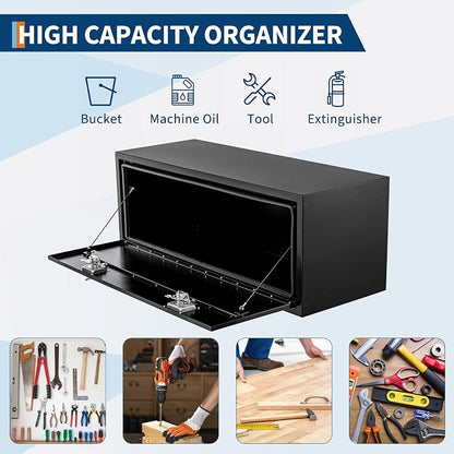 Black Steel Underbody Truck Box, 48"×18"×18" Pickup Storage Box, Heavy Duty Diamond Plate Tool Box with Lock and Keys, Waterproof Trailer Storage Box with T-Handle Latch for Truck, Van, Trailer