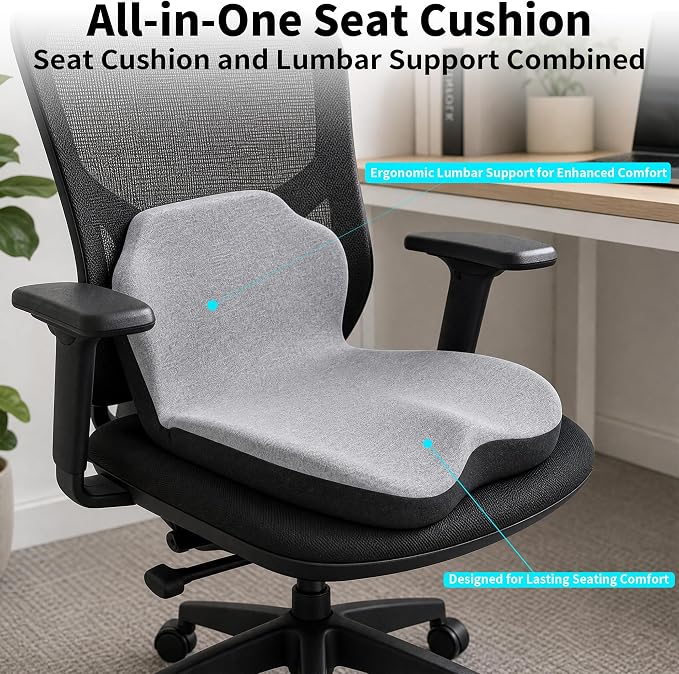 Memory Foam Truck Seat Cushion & Lumbar Support Set – Ergonomic U-Shape Tailbone Relief + L-Shape Back Cushion for Long-Haul Semi/Pickup Drivers Breathathable Cover Non-Slip Bottom Light Gray