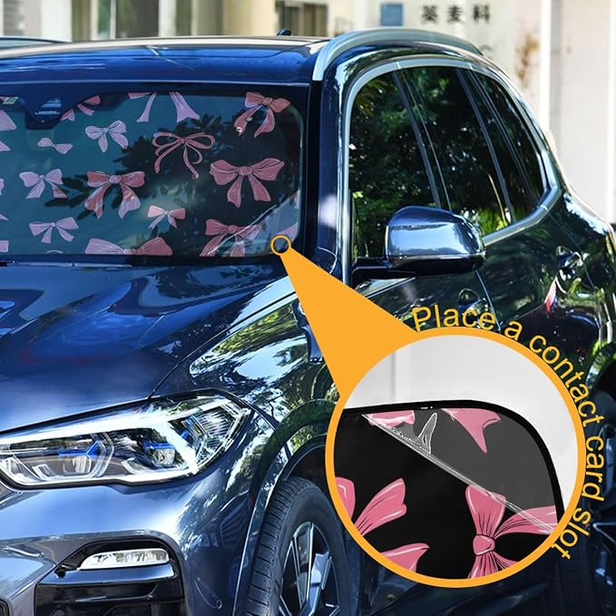 Windshield Sun Shade Pink Bow Front Window Block UV Shades Visor Reflective Retractable for Car SUV Trucks