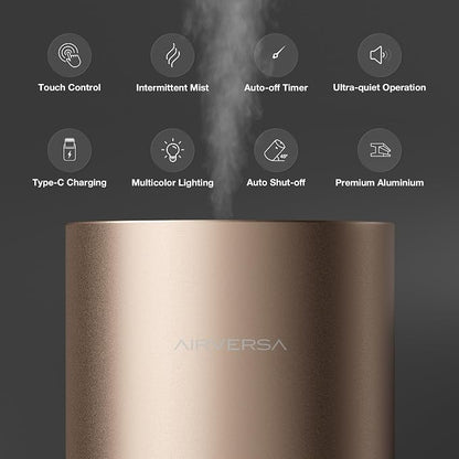 Airversa Waterless Essential Oil Diffuser for Home Room Desk Car Air Freshener Diffuser, Up to 600 sq ft, Battery Operated, Mist Level and Timer Settings, 100mL Capacity, Cold Air, RD1 Titanium