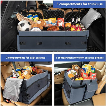 Trunk Organizer with Built-in Insulated Leak Proof Cooler Bag,Collapsible Cargo Organizer for SUV with Non Slip Bottom Strips,3 Large Compartments Foldable Waterproof Portable Car Storage Box XL