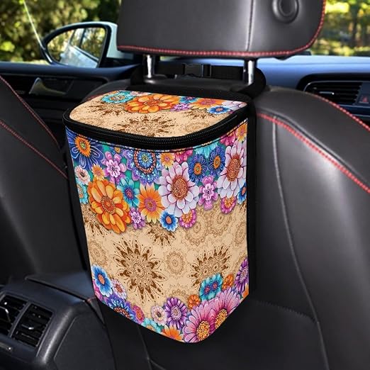 BIGCARJOB Hippie Lotus Blossom Car Trash Can for Back Seat,Personalized Car Trash Can Bin with Lid,Women Car Accessories Multipurpose Hanging Car Garbage Can for Travel