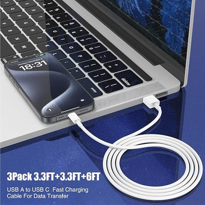 Car Carplay Cable for iPhone 17 16 15 Pro Plus Pro Max Air，3-Pack [3.3FT+3.3FT+6FT] USB A to USB C Cable for iPhone 17 16 15，for iPad Pro/Air/Mini，for Galaxy S25 S24，for MacBook Pro/Air and More