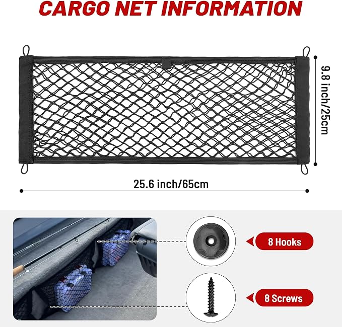 RED WOLF 2 Pcs Universal Cargo Net Pocket Elastic Mesh Netting Car Mesh Pouch for Trunk RV Boats Home Cargo Storage Mesh with Screws and Hooks (25.6'' x 9.8'')