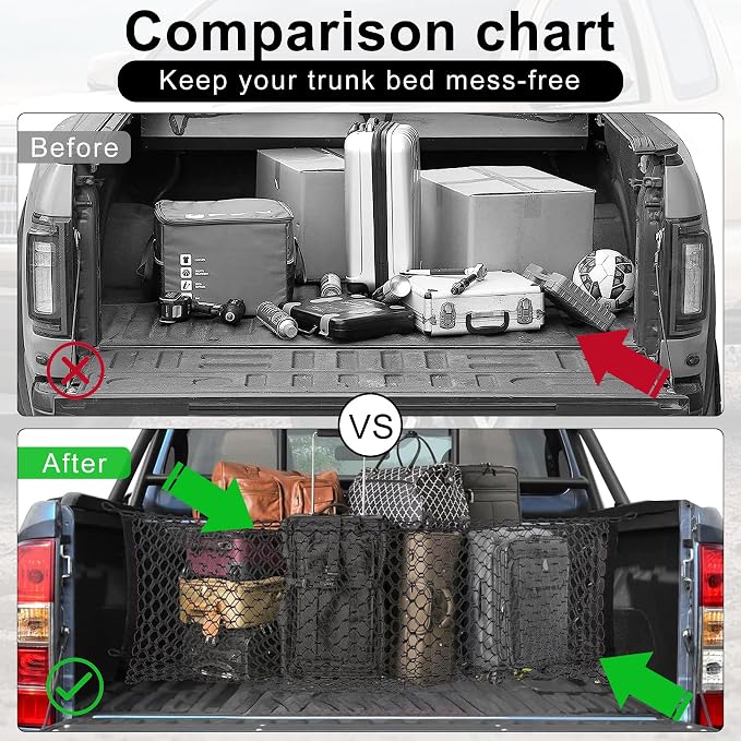 Amiss 2 Packs Cargo Net Stretchable, Adjustable Trunk Storage Net with Hook, Accessories for Pickup Bed Divider Organizer and Storage, Compatible with Chevy Silverado Ford F150 GMC (50"x 18")