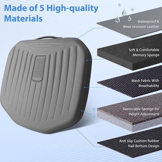 CAR PASS Premium Leather Car Seat Cushion, Comfort Memory Foam Driver Seat Cushion for Long Driving, Waterproof Non-Slip Seat Cushions for Cars, Truck, SUV, Office Chairs, Stadium, Gray ﻿
