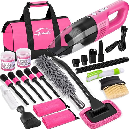Car Cleaning Kit, Car Vacuum Interior Detailing Cleaner Kit with High Power Handheld Vacuum, Brush Set, Windshield Tool, Duster, Towels, Complete Car Care Tools for Women (Pink)